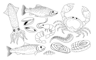 Balık, yengeç, mürekkep balığı, karides ve kabuklu deniz ürünleri için siyah ve beyaz deniz ürünleri vektör simgeleri, mutfak temalı tasarımlar, eğitici amaçlar veya renklendirme sayfaları. Deniz Yaratıklarının Çeşitli Resimleri
