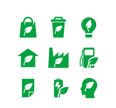 Geri dönüşüm, sürdürülebilir enerji, çevre dostu ürünler ve yeşil yaşam gibi ekolojik ve çevresel kavramları temsil eden bir dizi yeşil simge. Çevresel Farkındalığın Desteklenmesi ve Sürdürülebilirlik