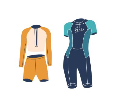 Su sporları için tasarlanmış iki şık kadın mayosu. Uzun kollu bir bluz ve şortla, kısa kollu bir dalış elbisesiyle, bu kıyafetler rahatlık ve işlevsellik sunuyor. Çizgi film Vektör İllüstrasyonu