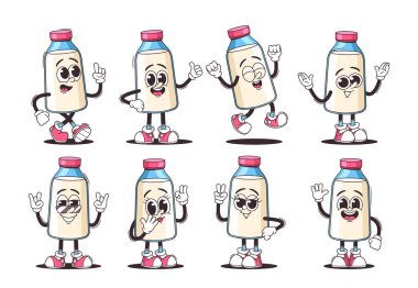 Değişik ifadeler ve pozlar gösteren şirin mandıra ürünleri serisi vektör seti. Süt Şişe Animasyonu Mandıra Reklamcılığı, Çocuk İçeriği ve Yiyecek İlgili Medya İçin Retro Stili