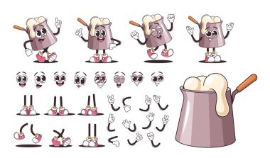 Çeşitli yüz ifadeleri, elleri ve pozları olan eski bir çizgi film mandırası karakteri içeren bir inşaat seti. Vector Personel Yapımcısı Animasyonlar, Çizimler ve Çizimler İçin Mükemmel