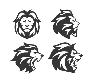 Siyah beyaz dört aslan başlı siluetin vektör koleksiyonu. Her tasarım, Aslan 'ın görkemli ve güçlü özünü yakalayan eşsiz bir stil sergiliyor. Logolar ve dövmeler için mükemmel.