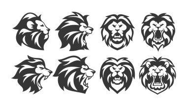 Çeşitli pozlarda ve ifadelerde sekiz aslan başlı siluet koleksiyonu. Siyah ve Beyaz Vektör Resimleri Güç, Güç ve Majesteleri, logolar, dövmeler ve grafiksel tasarımlar için idealdir.