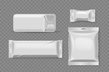 Şekerler ve atıştırmalıklar için boş ambalaj tasarımları markalaşma ve ürün prototipleri için maketler. Vektör Resimleri Şekere, Çikolataya ve Çiplere Uygun Farklı Paket Biçimlerini Gösteriyor