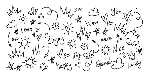 stock vector Cheerful Collection Of Doodles Featuring Positive Words And Symbols. Includes Hearts, Stars, Suns, Clouds, And Words Like Love, Enjoy And Happy. Perfect For Adding Fun And Uplifting Touch To Projects