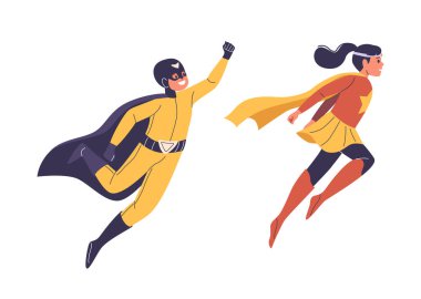 Gökyüzünde uçan süper kahramanlar gibi giyinmiş iki çocuk. Biri siyah pelerinli sarı bir takım elbise giyiyor ve diğeri kırmızı ve sarı bir elbise giyiyor. Her iki karakter de macera ve güç hissi yayar.