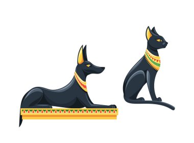 İki İkonik Eski Mısır Sembolü Anubis figürü ve geleneksel kolyelerle süslenmiş Bastet Kedi Heykeli. Beyaz arka planda izole edilmiş Mısır mitolojisindeki anlam. Çizgi film Vektör İllüstrasyonu