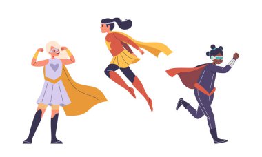 Kahraman pozları veren süper kahraman gibi giyinmiş üç çocuk. Çocuklar neşe, cesaret ve hayal gücünü pelerin ve kostüm giyerken ve oyuncu maceraları somutlaştırırken sergiler. Çizgi film Vektör İllüstrasyonu