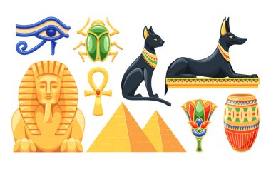 Renkli Antik Mısır sembolleri ve elementleri. Horus 'un Gözü, Scarab Böceği, Ankh, Piramitler, Sfenks ve Tanrılar. Tarih Eğitimi ve Kültürel Temsilciler İçin Çizgi Film Vektörü İllüstrasyonu