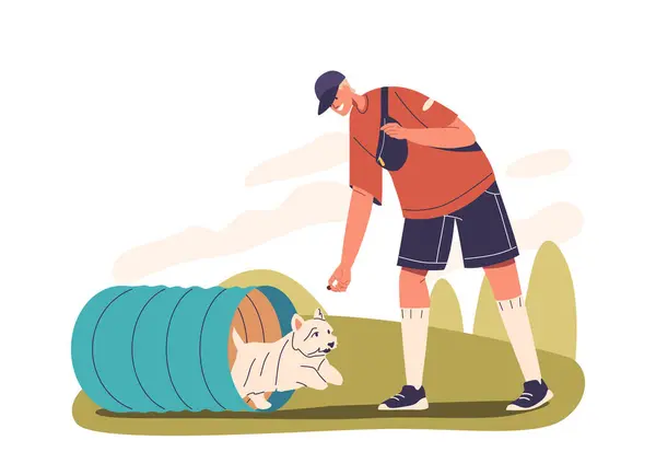 stock vector Owner Training A Dog In An Outdoor Yard. Cartoon Vector Illustration Features A Dog Running Through An Agility Tunnel. Concept Of The Bond Between Pet And Owner While Engaging In A Training Exercise
