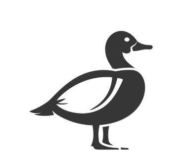 Basit, Negatif boşluklu bir ördeğin minimalist silueti. Siyah ve beyaz vektör tasarımı ördeği ayakta tasvir eder, şeklini ve şeklini temiz ve modern bir şekilde vurgular.