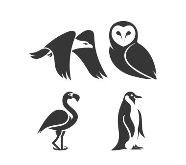 Vector Illustration, Flamingo, Penguen, Kartal ve Baykuş dahil olmak üzere kuş simgelerinden oluşan bir koleksiyon gösteriyor. Siyah Silüet Simgeleri, grafik tasarımları için çarpıcı görsel efektler yaratmak için negatif boşluk kullanır