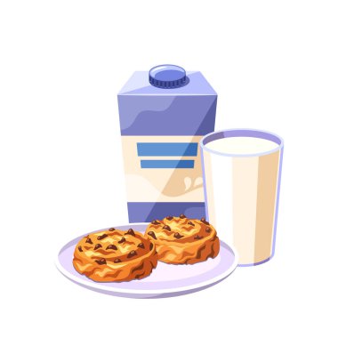 Tabakta bir bardak süt, bir karton kurabiye ve sağlıklı bir kahvaltının çizgi film sunucusu tasviri. Sabah rutinleriyle, dengeli diyetlerle ve lezzetli yemeklerle ilgili kavramlar için mükemmel.