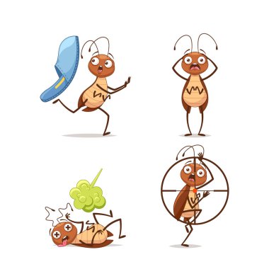 Humorous Cartoon Cockroach Depicted In Different Comical Situations And Expressions. Vector Insect Themed Illustrations Include Cockroach Being Chased, Appearing Scared, Feeling Defeated, And Targeted clipart