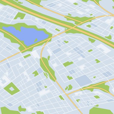 Stylize Şehir Haritası Yolları, Su Vücutları ve Park Alanlarını Gösteriyor. Kentsel Planlama, Navigasyon ve Coğrafi Projeler için Vektör İllüstrasyonu, Büyük Kavşakları, Geçitleri ve Simgeleri Vurguluyor