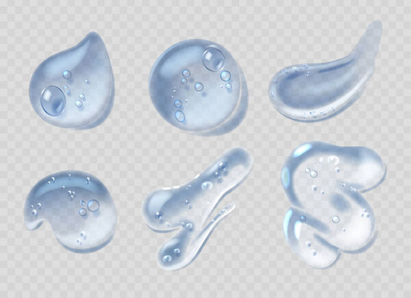3d Vector Illustration Of Blue Transparent Gel Drops With Bubbles. Droplets Vary In Shape And Size, Giving A Realistic And Refreshing Look, Ideal For Skincare, Cosmetics, Or Science-related Themes