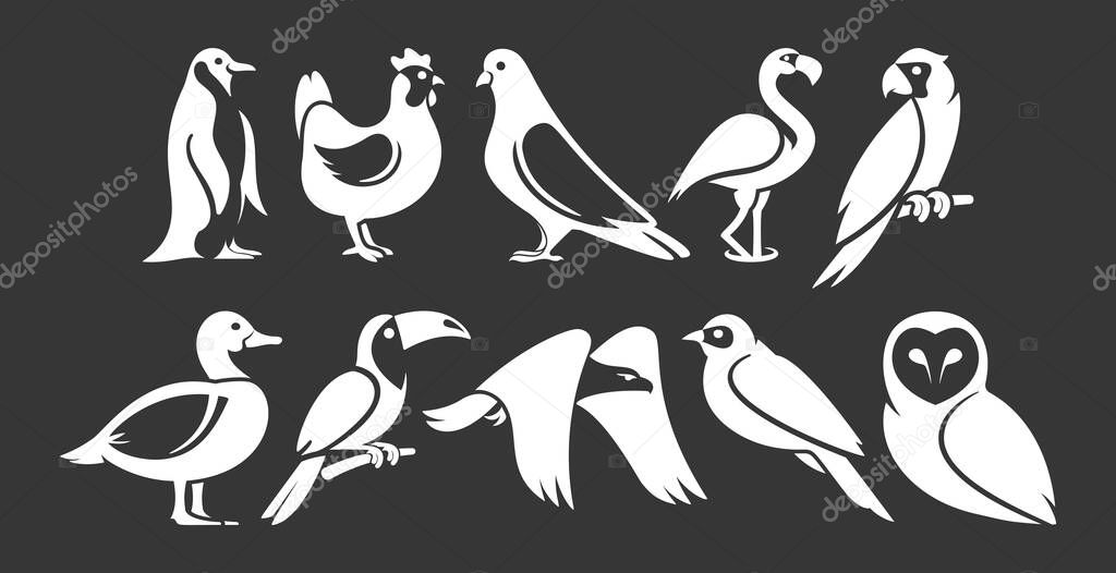 Collection Of Black And White Bird Icons In Various Poses And Styles. Vector Illustrations Utilize Negative Space For Use In Graphic Design And Projects Related To Nature, Wildlife And Birds