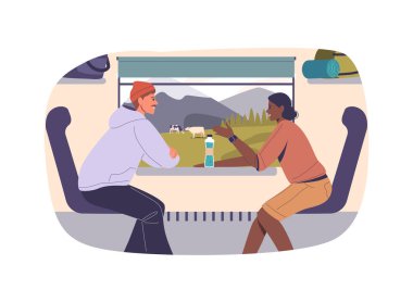 Trenle seyahat ederken iki turist sohbete daldı. Erkek ve kadın manzaranın tadını çıkarıyorlar ve bir şişe suyu paylaşıyorlar, seyahat, arkadaşlık ve macera konularını vurguluyorlar.