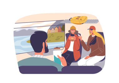 Trenle seyahat eden arkadaşlar, pencereden manzaranın tadını çıkarıyorlardı. İki Kadın Animasyon Gibi Sohbet Ediyor, Erkek Resimli Manzaraya Bakarken İçkilerini yudumluyor. Seyahat, Dostluk, Keşif Sahnesi