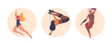 Karikatür Dansçısı Karakterleriyle Ayrı Vektör Yuvarlak Simgeleri Çeşitli Direk Dans Hareketleri Gösteriyor. Çeşitli Grup Gösterileri: Güç, Esneklik ve Zarafet. Fitness, Dans ve Çeşitlilik Konsepti