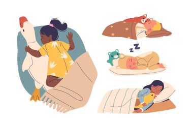 Sevimli Çocukların En Sevdikleri Doldurulmuş Hayvanlarla Huzur İçinde Uyumalarının İllüzyonu. Vektör görüntüsü, çocukluk, uyku ve masumiyetle ilgili konular için rahatlık ve güvenlik hissi yakalar.