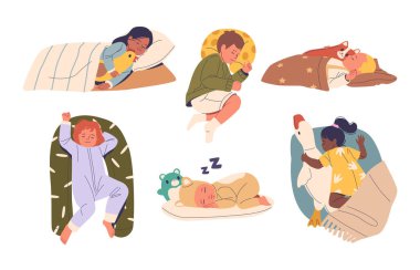 Sevimli çocuklar rahat battaniyeler ve doldurulmuş hayvanlarla rahat yataklarında huzur içinde uyuyorlar. Yatma zamanı temaları ve çocuk bakımı içeriği için vektör görüntüsü sıcaklığı, rahatlığı ve sükuneti iletir