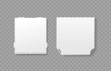 Şeffaf arka planda izole edilmiş boş pizza kutularının üst ve alt görüntüsü. Gerçekçi 3d Vektör Modelleri Paketleme Tasarımı, Markalaştırma Şablonları, Mutfak Hizmetleri veya Yemek Teslimatı Konseptleri için idealdir