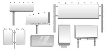 Boş reklam panoları koleksiyonu, çeşitli boyutlardaki reklam ekranları ve şekiller özel içerik, açık hava reklamcılığı, pazarlama kampanyaları veya dijital promosyonlar için hazır. Yüksek kalite 3d Vektör Modelleri