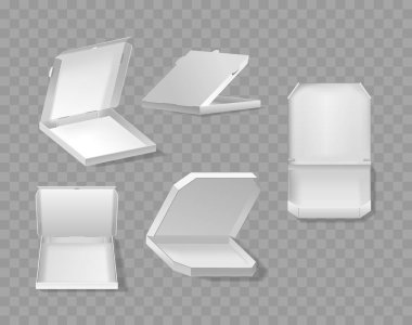 Çeşitli açık ve kapalı pozisyonlarda boş pizza kutuları seti. Tasarım Projeleri, Paketleme ve Promosyon Malzemeleri için Gerçekçi 3d Vektör Mockup. Şeffaf arkaplanda beş karton kutu izole edildi
