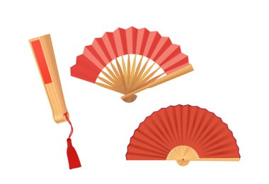 Her birinin ahşap saplı kırmızı renkli geleneksel Asyalı el hayranları. Vektör Hayranları Farklı Konumlarda Gösteriliyor, Karmaşık Tasarım ve Kültürel Anlamlarını Gösteriyorlar