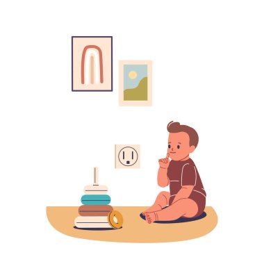 Child Sitting Near An Electrical Outlet While Putting Fingers In Mouth. Vector Illustration Scene Emphasizes Child Safety And The Potential Hazards In A Home Environment With Playful, Colorful Decor clipart