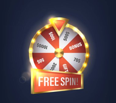 Renkli Çarkıfelek ve bedava promosyon. Tekerlek segmentleri para, ikramiye ve hediyeler, heyecan ve beklenti gibi çeşitli ödüller sunar. Gerçekçi 3d Vektör İllüstrasyonu