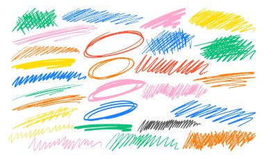 Beyaz arkaplana renkli el yazmaları ve karalamalar koleksiyonu. Canlı Renkler ve Soyut Şekiller Yaratıcılığı, Doğallığı ve Sanatsal İfadeyi Oyuncu ve Tesadüfi Dokunuşla Anımsatıyor