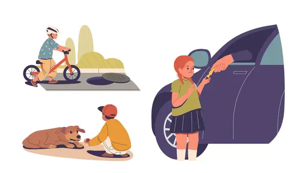 Stock vector Children Engaging In Unsafe Actions. Boy Biking Near Open Manhole, Child Approaching A Stray Dog, And A Girl Accepting Candy From A Stranger Car. Safety Risks And Importance Of Caution Vector Concepts