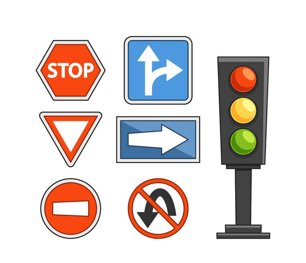 Коллекция дорожных знаков в стиле мультфильма, включая знак "Стоп", знак "Доходность" и элементы дизайна стрелок направления. В образовательном наборе также есть светофор с красным, желтым и зеленым цветами.