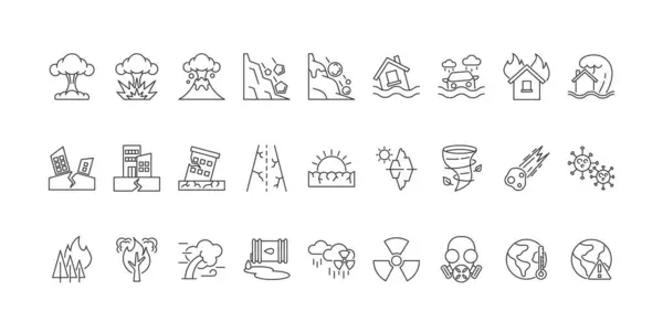 stock vector Set Of Outline Icons Depicting Various Natural Disasters As Earthquake, Flood, Tornado, Fire And Tsunami. Vector Linear Symbols For Emergency Preparedness, Weather Apps, And Disaster Response Visuals