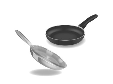 Paslanmaz Çelik Pan ve beyaz arka planda izole edilmiş teflon kaplı bir Pan. Aşçılık, mutfak gereçleri ve mutfak etkinlikleriyle ilgili tasvir etmek için 3d Gerçekçi Vektör ResmiName