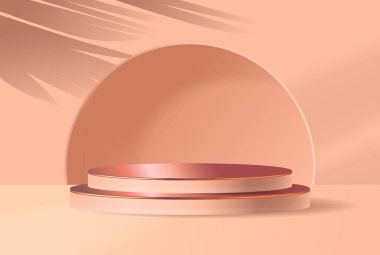 Pembeye karşı yumuşak gölgeleri olan zarif, soyut minimalist podyum, sıcak tonlu arka plan, ürün gösterimi, sunumu ve modern tasarım kavramları için sofistike ve profesyonel bir hırs yayıyor.