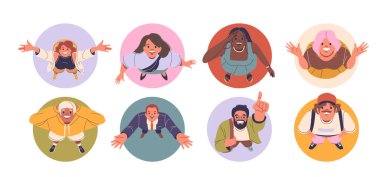 Neşeli ve heyecanlı ifadelerle yukarı bakan çeşitli insanlar izole edilmiş vektör yuvarlak simgeleri ya da birlikte olmanın, heyecanın ve çeşitliliğin hissini gösteren Görseller. Topluluk, Mutluluk ve Bağlantı