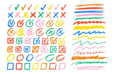 Elle çizilmiş canlı elementlerin koleksiyonu, İşaretler, X işaretleri, çemberler ve çizgiler dahil olmak üzere el yazması karalamalar vurgulama, not alma ya da yaratıcı projeler için kullanışlı çeşitli renkler