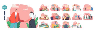 Vector Illustrations Koleksiyonu veya Elementler Tasarruf İş Konseptleri, İnsanların El sıkışması, Toplantılar, Sunumlar ve Takım Çalışması, Gösteri İşbirliği, Başarı ve Hedef Başarı