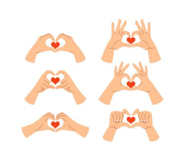 Bir kalp şekli oluşturan, sevgi, ilgi ve şefkat gösteren çeşitli el hareketleri. Görüntü: Merkezinde kırmızı kalp olan altı farklı el pozisyonu, birlik, şefkat ve sıcaklığı simgeliyor.