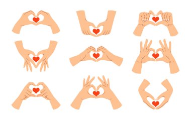 Çeşitli El hareketleri, içinde kırmızı kalpler olan kalp şekilleri oluşturur. Vektör İllüstrasyonu Sevgi, Bakım ve Sevgi 'yi basit, minimalist bir şekilde gözler önüne seriyor. Duyguları ya da İlişkileri İfade Etmek İçin Mükemmel