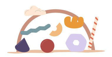 Renkli ve soyut geometrik şekiller minimalist bir illüstrasyonla düzenlenmiştir. Vektör Tasarımı Özellikleri Çeşitli Şekiller ve Tarafsız Renk Paleti Modern ve Yaratıcı Tasarım Projeleri için Mükemmel