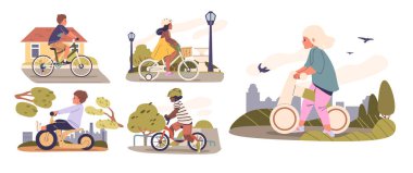 Çocuklar farklı ortamlarda bisiklet sürerler, boş zamanlarını, spor salonlarını ve ulaşım araçlarını gösterirler. Küçük sürücüler sağlıklı aktif yaşam tarzlarıyla uğraşırken güneşli bir günün tadını çıkarıyorlar. Çizgi film Vektör İllüstrasyonu