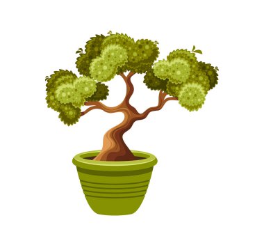 Yeşil yaprakları ve beyaz arka planda izole edilmiş kahverengi bir bagajı olan Bonsai Ağacı Karikatürü. Vektör Bonsai Ağacı Yeşil bir kapta sergileniyor, Huzur, Doğa ve Bahçe Konseptlerini temsil ediyor