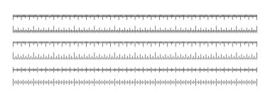 Görüntü farklı ölçeklerde üç ölçü cetveli gösteriyor. Hassas Ölçüm, Tasarım Çalışması ve Eğitimsel Amaçlar için ideal. Çeşitli Ölçümler İçin Cetvel Özellikleri Ayırt Edici İşaretler