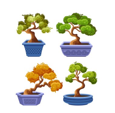 Dekoratif saksılarda renkli bonsai ağaçları beyaz arka planda izole edilmiş çeşitli tasarım ve stiller sergiliyor. Bonsai Tutkunları ve Bahçe Hayranları İçin Minyatür Ağaçların Çizgi Film Vektörü İllüstrasyonu