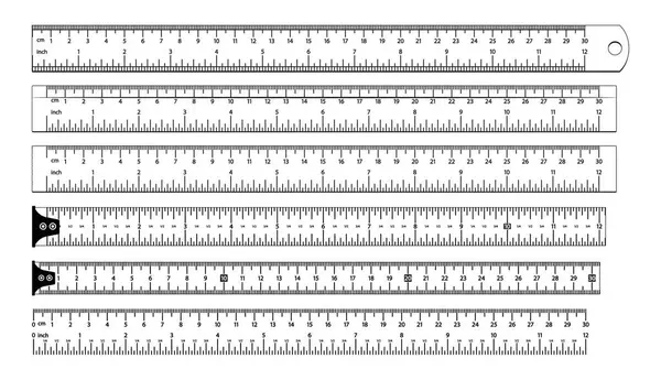 Stock vector Black And White Set Of Measuring Rulers In Different Styles And Lengths. Ideal For Precision Measurements In Various Professional And Educational Settings. Includes Both Metric And Imperial Units