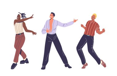 Üç farklı dansçı neşeli ifadeli çeşitli dans stilleri sergiliyor. Görüntü, Eğlence, Kutlama ve Kültürel Çeşitlilik, Tap Dans, Disko ve Salsa Hareketleri Algılar